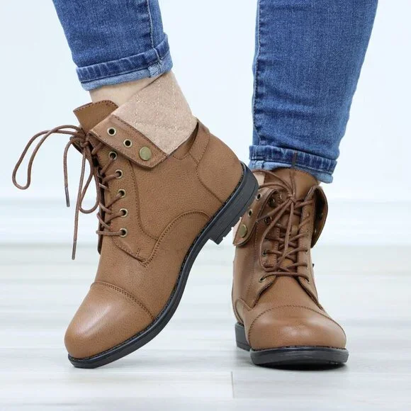 Tan Ankle Boots Lace-Up Fold Cuff Buckle Detail Faux Leather Flat Sole - Picture 10 of 10